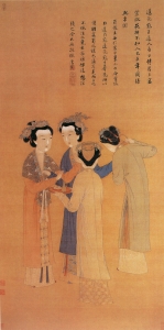 옛 촉(蜀)나라 왕실 여성을 그린 명대 화가 당인(唐寅)의 그림. 왕실 여성들의 섬세한 머리장식이 시녀들의 소박한 스타일과 대조를 이룬다. 대갓집 결혼한 여성들로 추측된다.