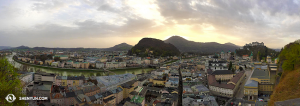 Panoramic view of historic Salzburg. The Festpielhaus theater, where Shen Yun International Company is about to perform, is the yellow building on the right. (photo by projectionist Annie Li)