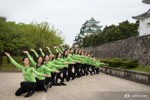 Shen Yun World Company dancers in front of the Nagoya Castle in Nagoya, Japan.